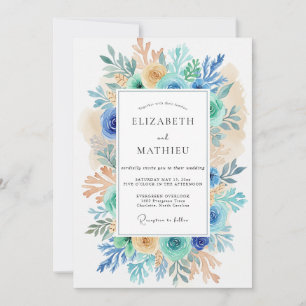 Convite Casamento Floral Azul Coral em Expansão