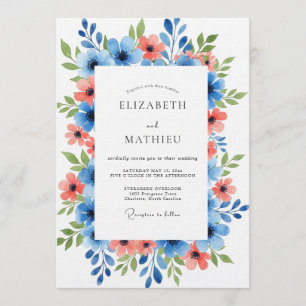 Convite Casamento Floral Azul Coral Pintado
