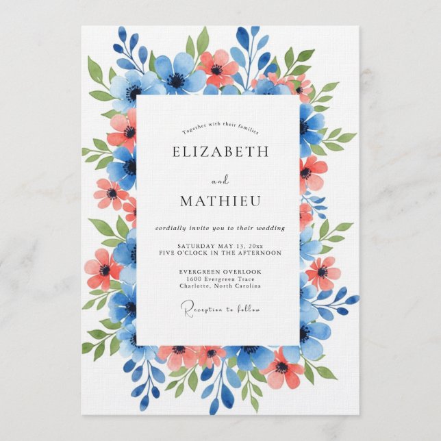 Convite Casamento Floral Azul Coral Pintado (Frente)