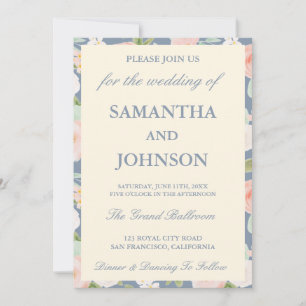 Convite Casamento Floral Azul Costa Moderno Vintage Marfim