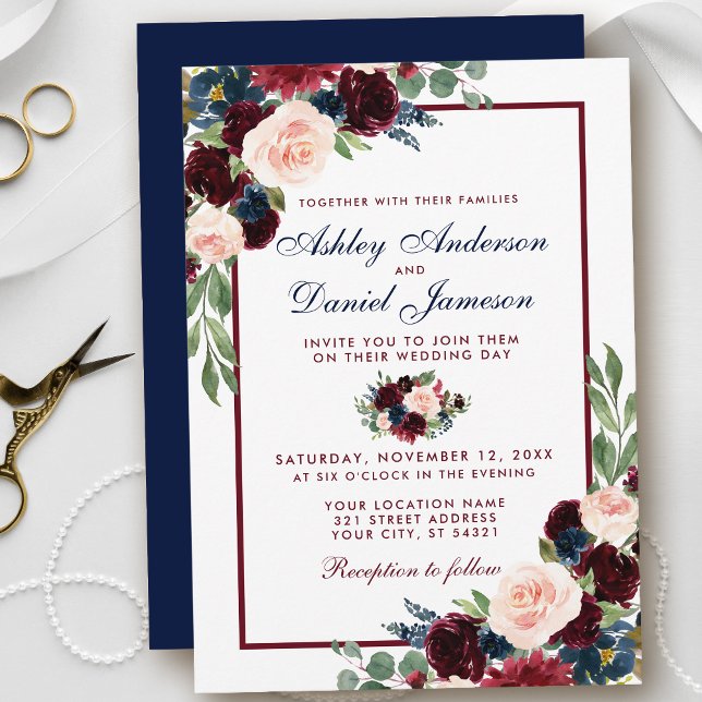 Convite Casamento Floral Azul da Borgonha Elegante (Customize to change text color, style, add text & photos to back or change color of back of card.)