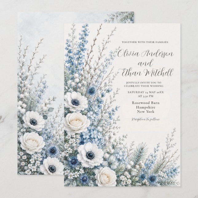 Convite Casamento Floral Azul de Inverno (Frente/Verso)