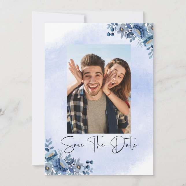 Convite Casamento Floral Azul de Luxo Salve a Data (Frente)