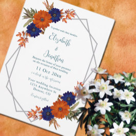 Convite Casamento Floral Azul de Marinho Laranja de Outono