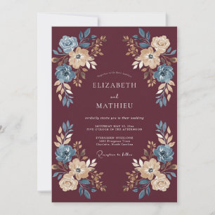 Convite Casamento Floral Azul de Outono em Borgonha