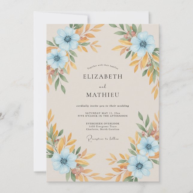 Convite Casamento Floral Azul de Outono Florescente (Frente)