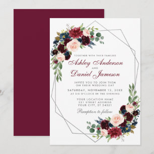 Convite Casamento Floral Azul de Silver Burgundy Geométri