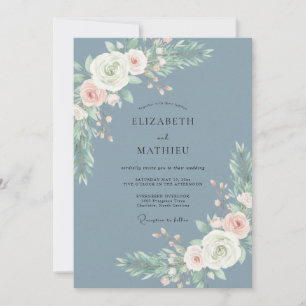 Convite Casamento Floral Azul Delicado empoeirado