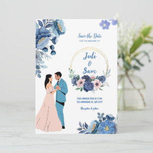 Convite Casamento Floral Azul-Design Dançante Romântico