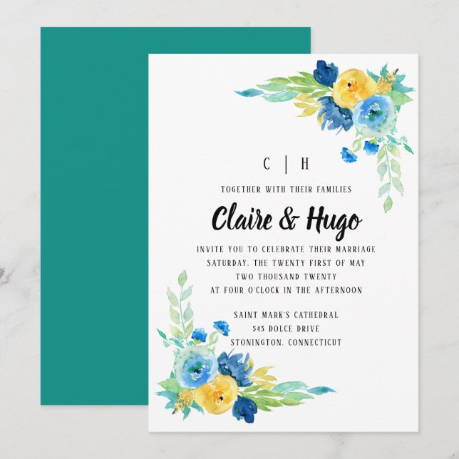 Convite Casamento Floral Azul do Mar de Água (Frente/Verso)