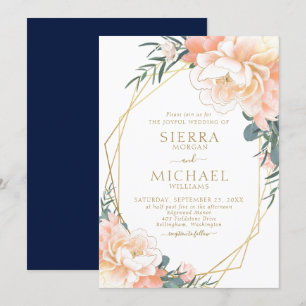 Convite Casamento Floral Azul do Marinho de Pêssego Dourad