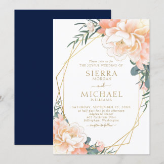 Convite Casamento Floral Azul do Marinho de Pêssego Dourad