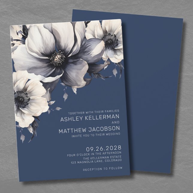 Convite Casamento Floral Azul do Marinho Moderno (Modern Navy Blue Floral Wedding Invitation)