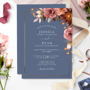 Convite Casamento Floral Azul-Dusty, Borgonha