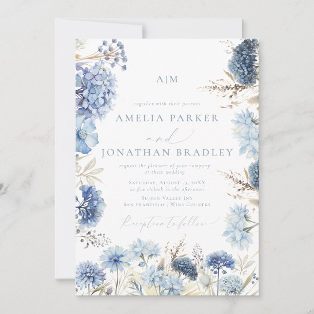 Convite Casamento Floral Azul Dusty com Código QR Moderno  (Frente)