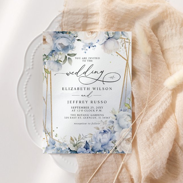 Convite Casamento Floral Azul-Dusty Geométrico Elegante (Elegant Modern Geometric Dusty Blue Floral Wedding Invitation)