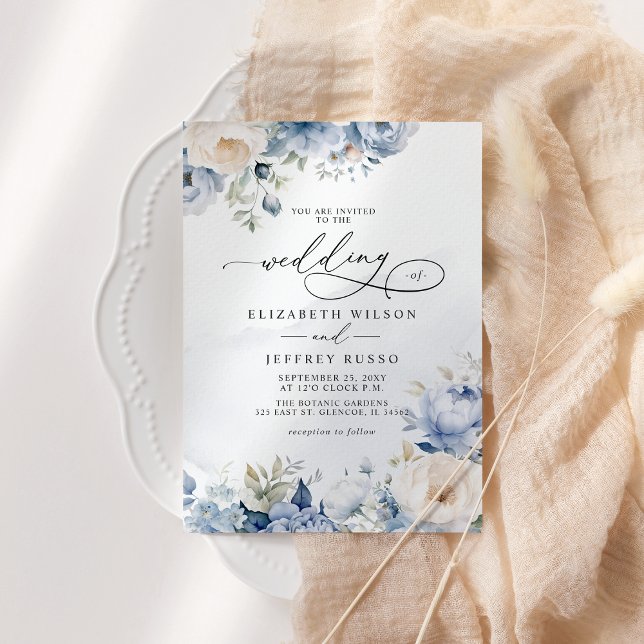 Convite Casamento Floral Azul-Dusty Geométrico Elegante (Elegant Modern Geometric Dusty Blue Floral Wedding Invitation)