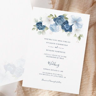 Convite Casamento Floral Azul Dusty, Script Elegante