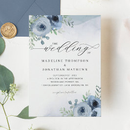 Convite Casamento Floral Azul Dusty, Script Whimsical