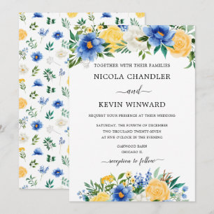 Convite Casamento Floral Azul e Amarelo Elegante
