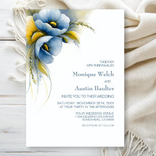 Convite Casamento Floral Azul e Amarelo Elegante