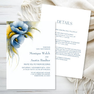 Convite Casamento Floral Azul e Amarelo Elegante Tudo em U