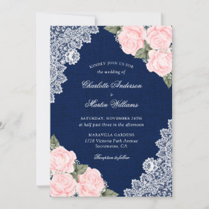 Convite Casamento Floral Azul e Blush Burlap, Marinho Eleg