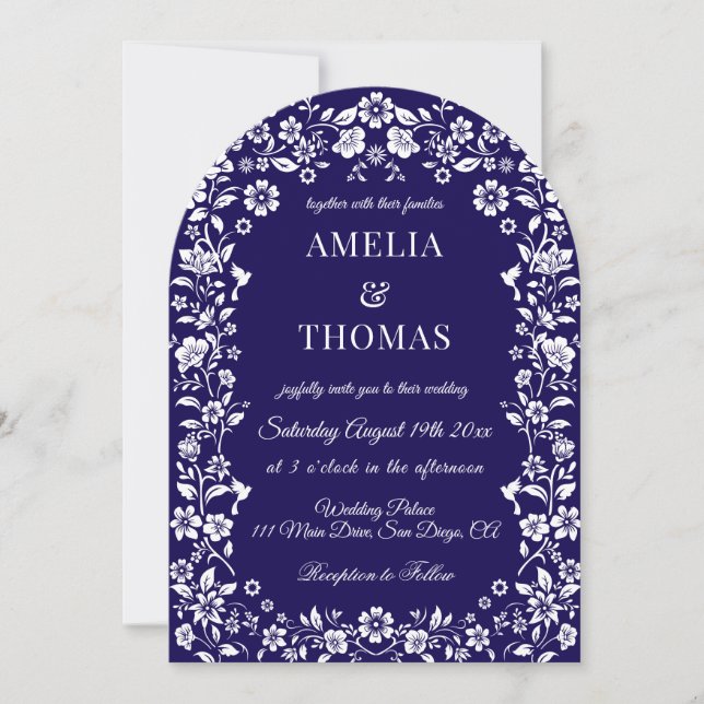 Convite Casamento Floral Azul e Branco  (Frente)