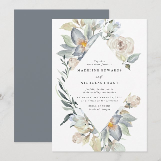 Convite Casamento Floral Azul e Branco em Aquarela Românti (Frente/Verso)