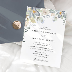 Convite Casamento Floral Azul e Branco em Aquarela Românti