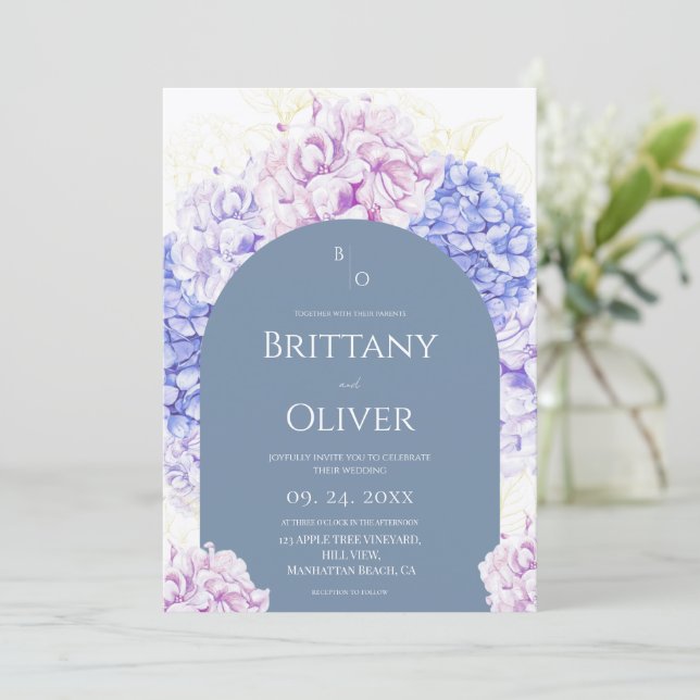 Convite Casamento Floral Azul e Branco Moderno e Empolado (Em pé/Frente)