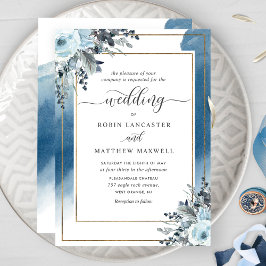 Convite Casamento Floral Azul e Cor Azul Moderna