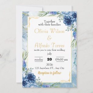 Convite Casamento Floral Azul e Dourado