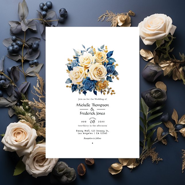 Convite Casamento Floral Azul e Dourado (Criador carregado)