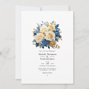 Convite Casamento Floral Azul e Dourado