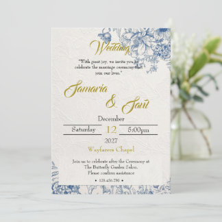 Convite Casamento Floral Azul e Dourado Elegante