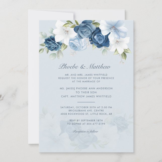 Convite Casamento Floral Azul e Elegante Moderno (Frente)