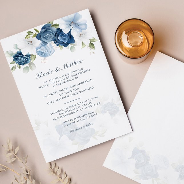 Convite Casamento Floral Azul e Elegante Moderno (Criador carregado)