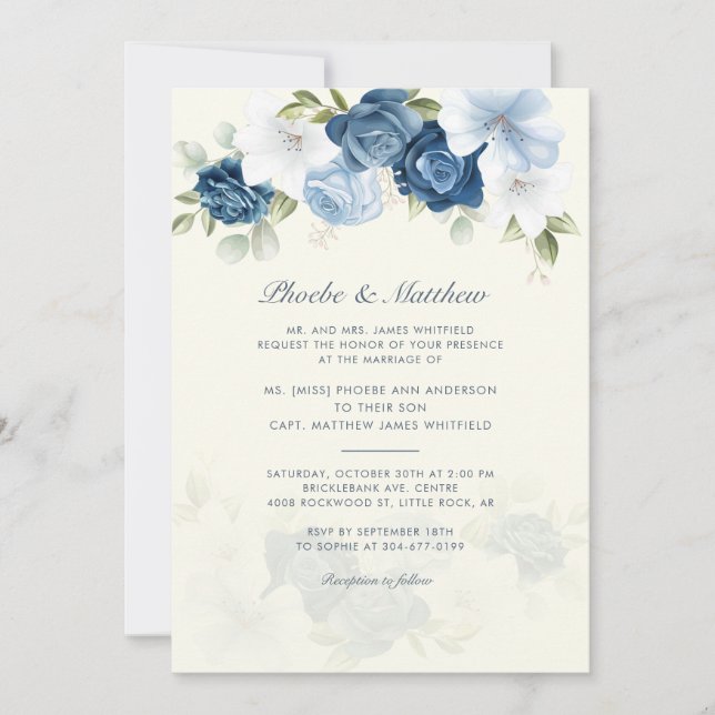 Convite Casamento Floral Azul e Elegante Moderno (Frente)