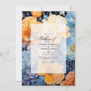 Convite Casamento Floral Azul e Laranja Claro na Primavera