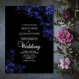 Convite Casamento Floral Azul e Preto Elegante