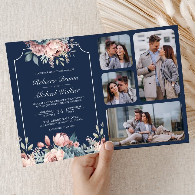 Convite Casamento Floral Azul e Rosa com Código QR Navy (Criador carregado)