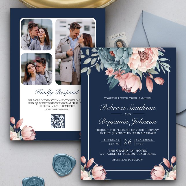 Convite Casamento Floral Azul e Rosa com Código QR Navy (Criador carregado)