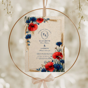 Convite Casamento Floral Azul e Vermelho Vintage