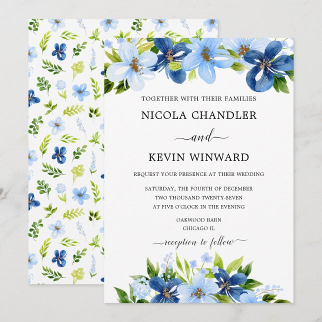 Convite Casamento Floral Azul Elegante (Frente/Verso)