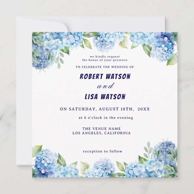 Convite Casamento Floral Azul Elegante  (Frente)