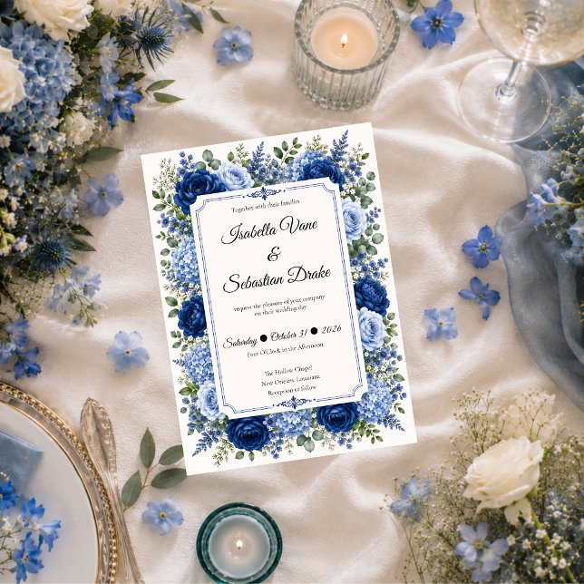 Convite Casamento Floral Azul Elegante (Criador carregado)