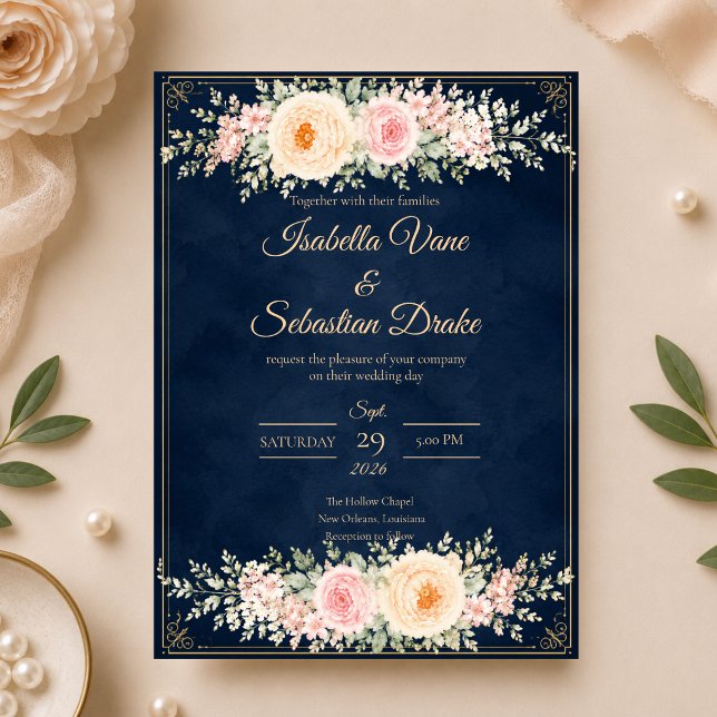 Convite Casamento Floral Azul Elegante (Criador carregado)