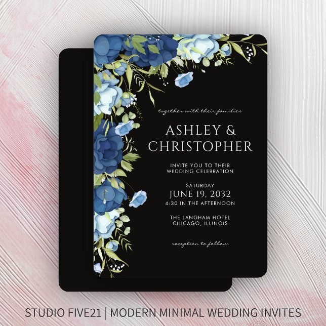 Convite Casamento Floral Azul Elegante (Criador carregado)