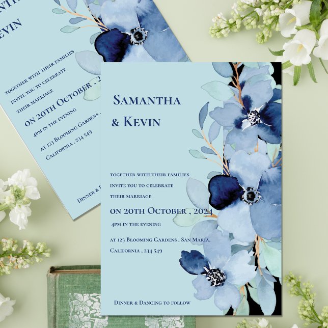 Convite Casamento Floral Azul Elegante (Elegant Watercolor Moody Blue Floral Wedding Invitation)